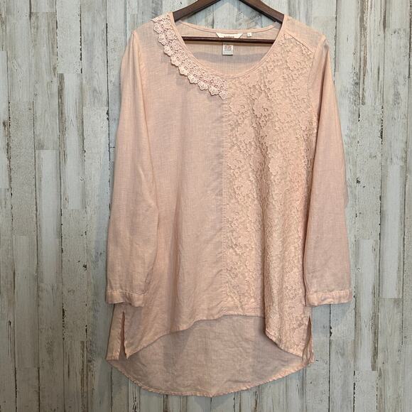 Sundance Linen Tunic Large Pale Pink Floral Lace Boho Cottagecore Soft Girl - Picture 1 of 9